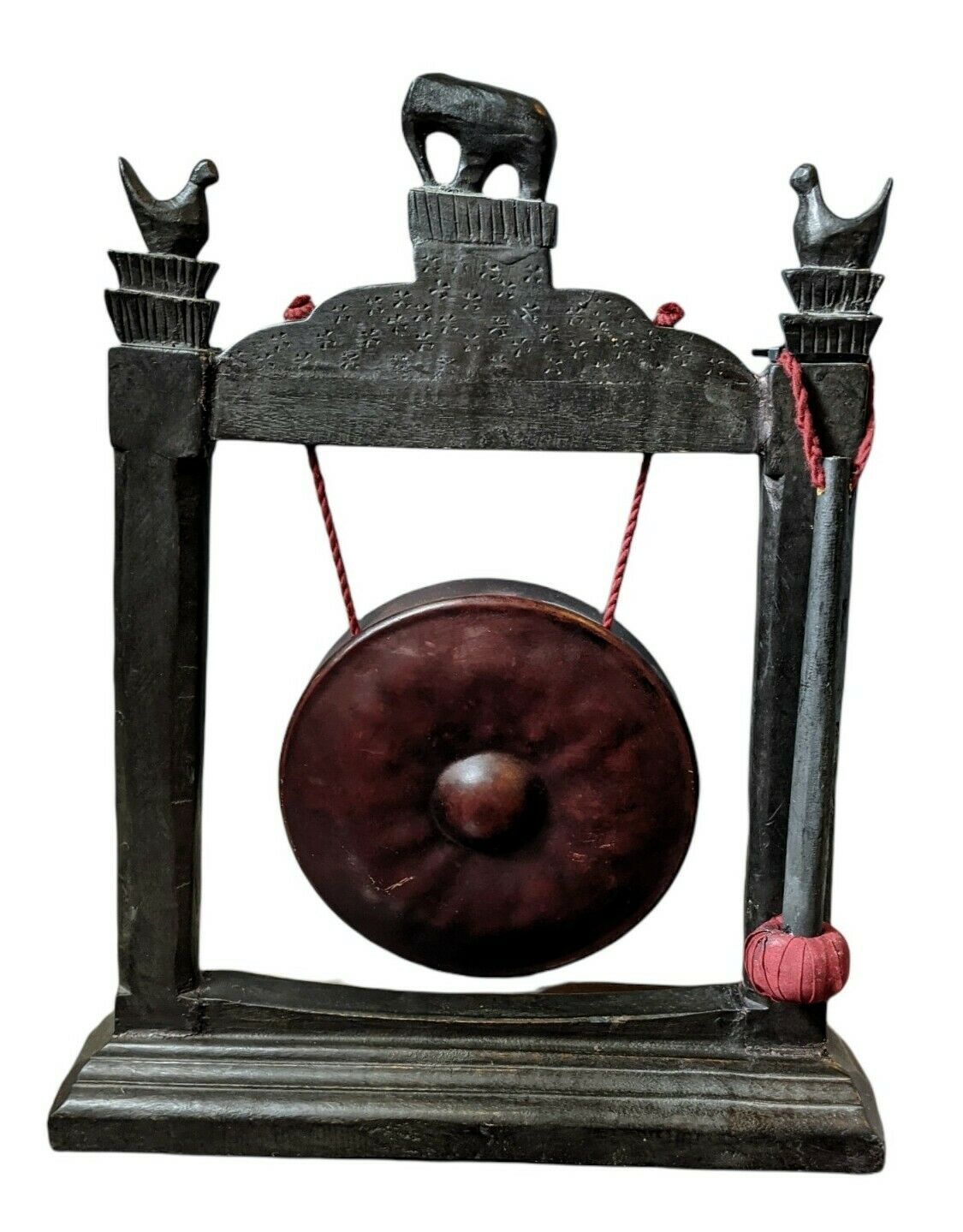 Gong With Teak Wood Stand, Carved Elephant And Bird, Mallet, Good Condition