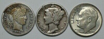 3 Different Silver Dimes Barber, Mercury, Roosevelt - 182286a
